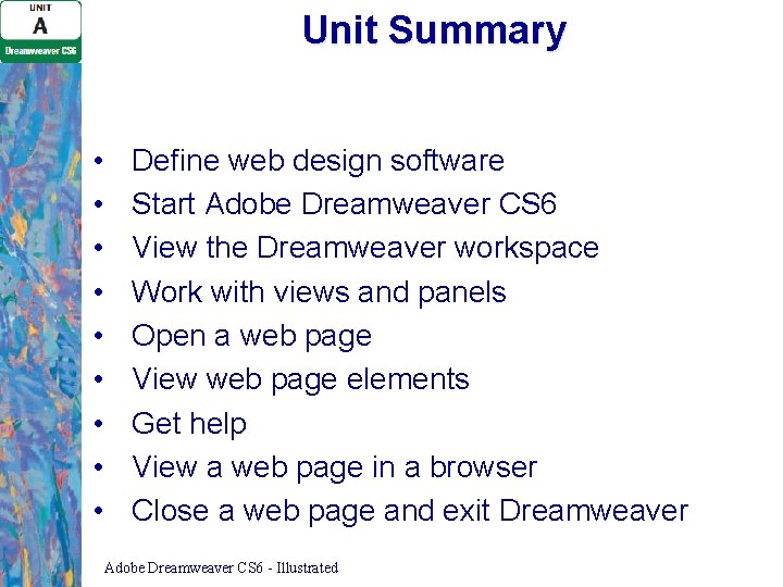Unit Summary • • • Define web design software Start Adobe Dreamweaver CS 6 Unit Summary • • • Define web design software Start Adobe Dreamweaver CS 6