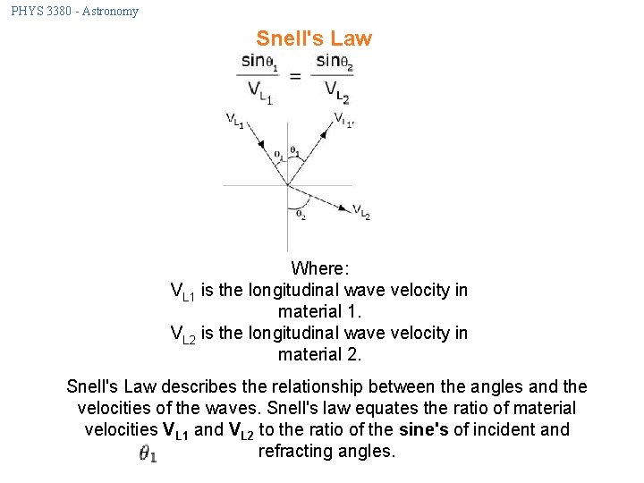 PHYS 3380 - Astronomy Snell's Law Where: VL 1 is the longitudinal wave velocity