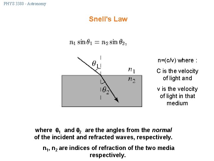 PHYS 3380 - Astronomy Snell's Law n=(c/v) where : C is the velocity of
