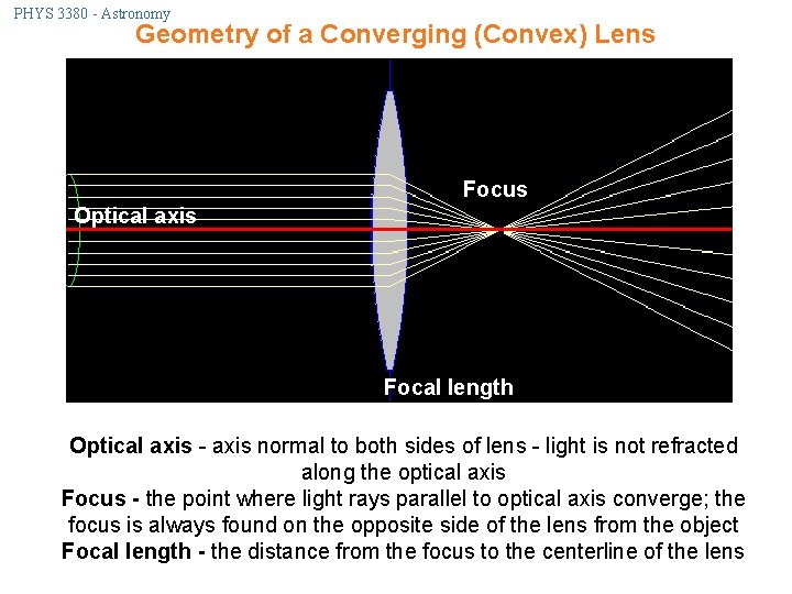 PHYS 3380 - Astronomy Geometry of a Converging (Convex) Lens Focus Optical axis Focal