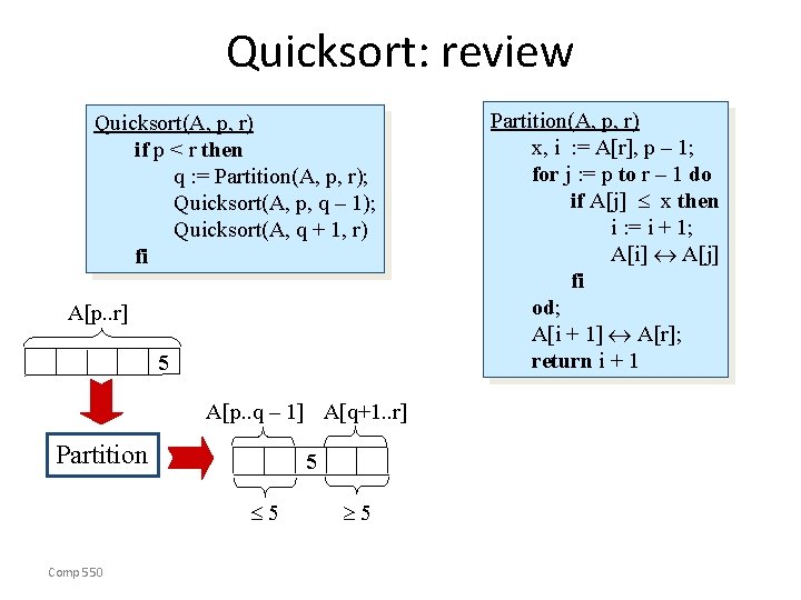 Quicksort: review Quicksort(A, p, r) if p < r then q : = Partition(A,
