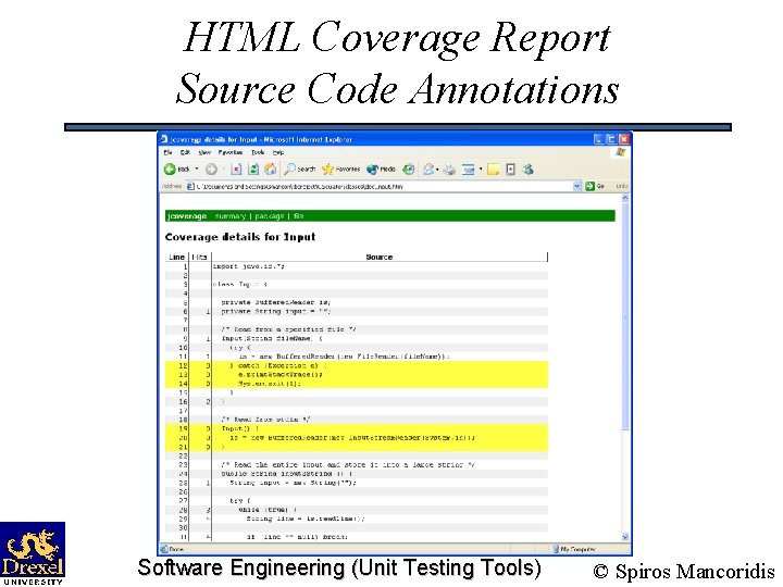 HTML Coverage Report Source Code Annotations Software Engineering (Unit Testing Tools) © Spiros Mancoridis