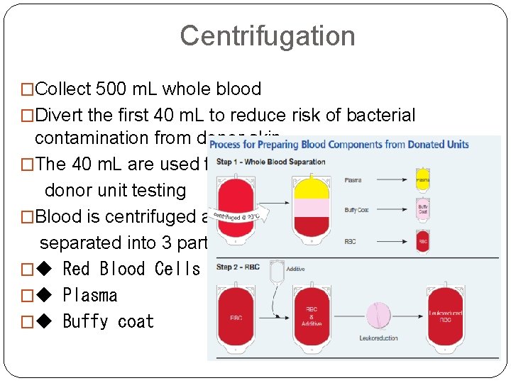 Centrifugation �Collect 500 m. L whole blood �Divert the first 40 m. L to