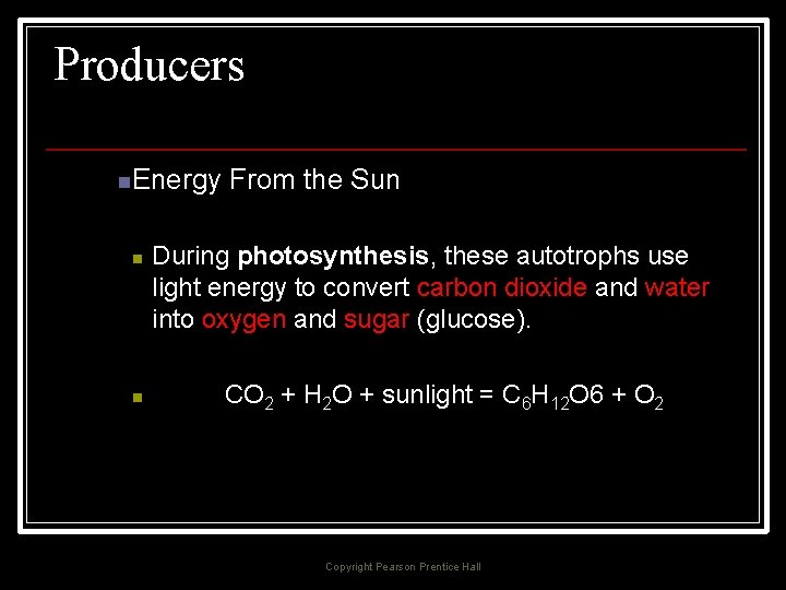 Producers n. Energy n n From the Sun During photosynthesis, these autotrophs use light