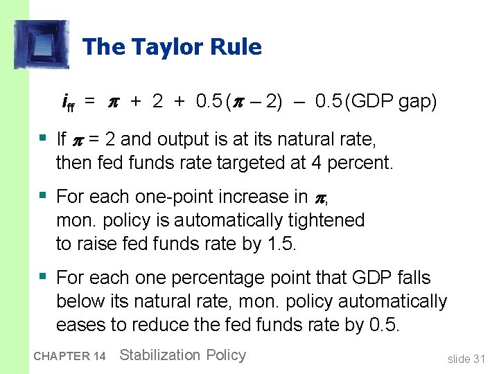 The Taylor Rule iff = + 2 + 0. 5 ( – 2) –