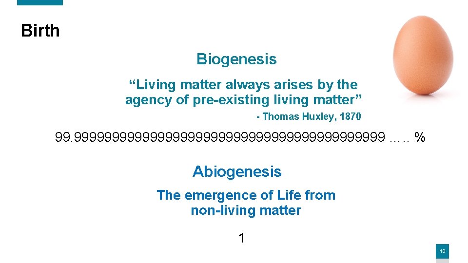 Birth Biogenesis “Living matter always arises by the agency of pre-existing living matter” -