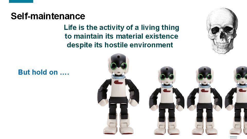 Self-maintenance Life is the activity of a living thing to maintain its material existence