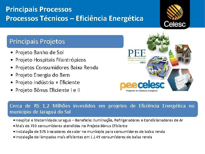 Principais Processos Técnicos – Eficiência Energética Principais Projetos • • • Projeto Banho de