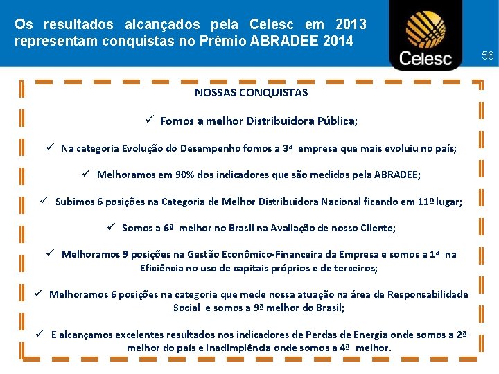 Os resultados alcançados pela Celesc em 2013 representam conquistas no Prêmio ABRADEE 2014 56