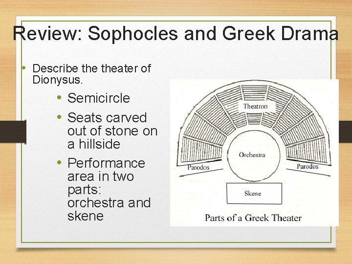 Review: Sophocles and Greek Drama • Describe theater of Dionysus. • Semicircle • Seats