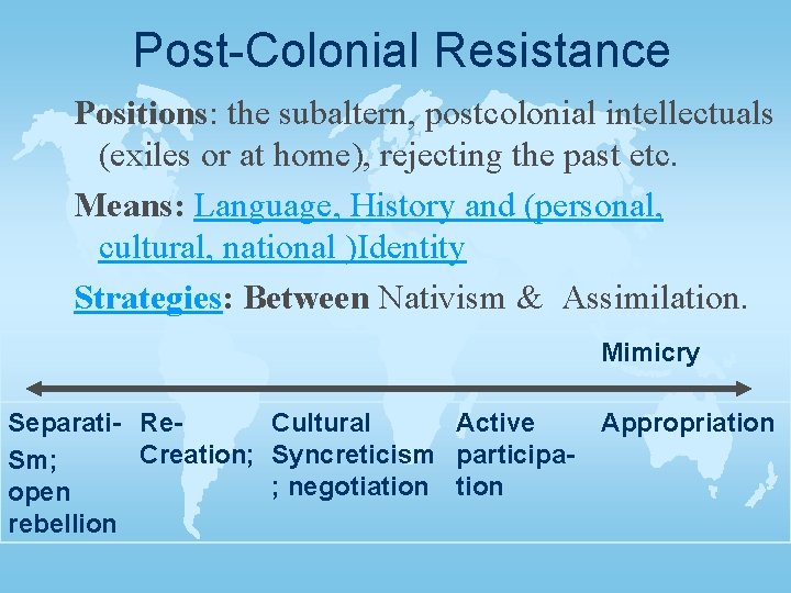 Post-Colonial Resistance Positions: the subaltern, postcolonial intellectuals (exiles or at home), rejecting the past