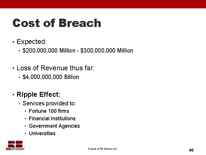 Cost of Breach • Expected: • $200, 000 Million - $300, 000 Million •