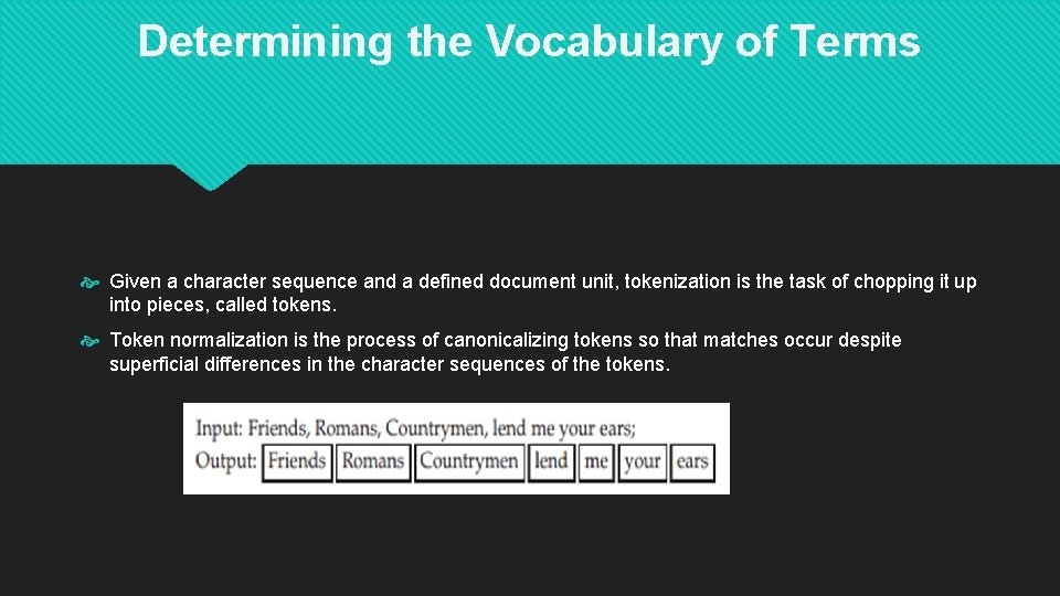 Determining the Vocabulary of Terms Given a character sequence and a defined document unit,