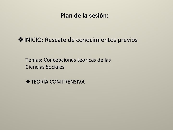 Plan de la sesión: v. INICIO: Rescate de conocimientos previos Temas: Concepciones teóricas de