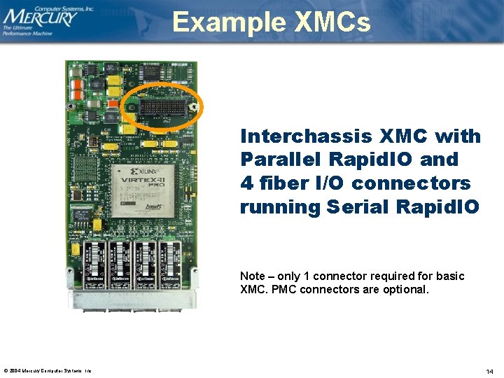 Example XMCs Interchassis XMC with Parallel Rapid. IO and 4 fiber I/O connectors running