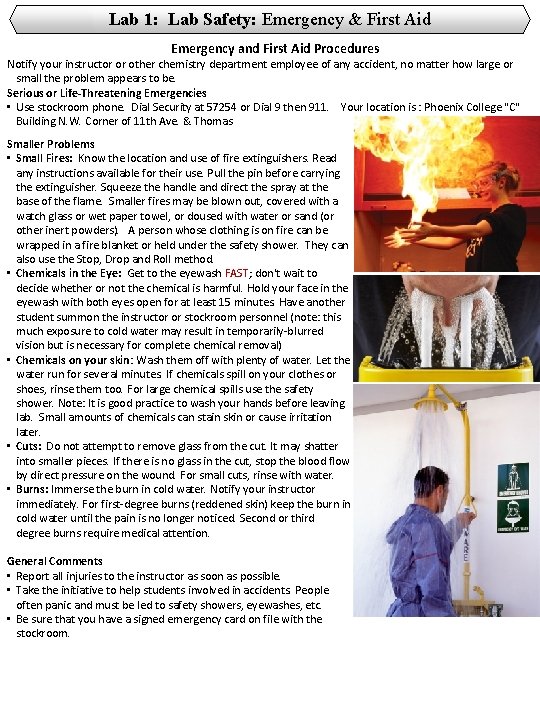 Lab 1: Lab Safety: Emergency & First Aid Emergency and First Aid Procedures Notify