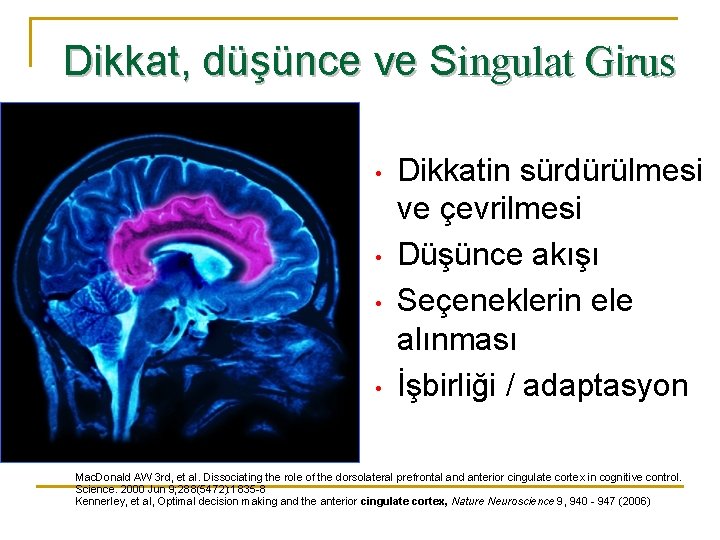 Dikkat, düşünce ve Singulat Girus • • Dikkatin sürdürülmesi ve çevrilmesi Düşünce akışı Seçeneklerin