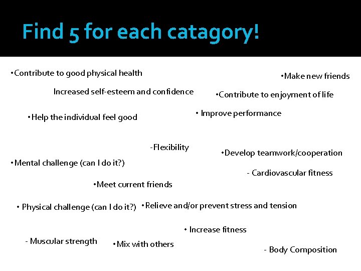 Find 5 for each catagory! • Contribute to good physical health • Make new