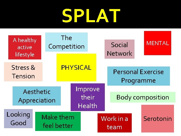 SPLAT A healthy active lifestyle The Competition PHYSICAL Stress & Tension Aesthetic Appreciation Looking