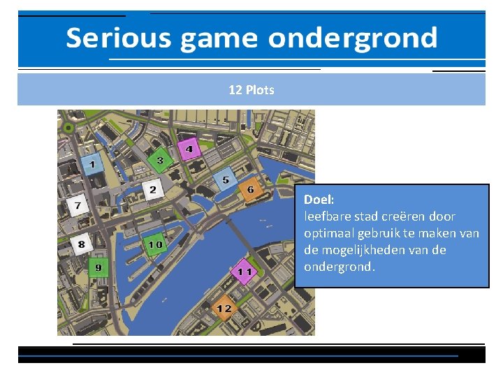 12 Plots Doel: leefbare stad creëren door optimaal gebruik te maken van de mogelijkheden