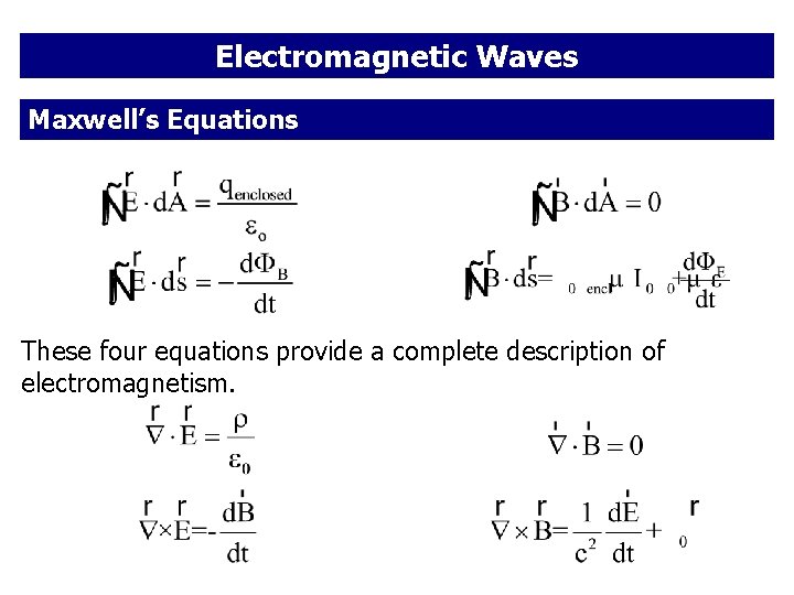 Electromagnetic Waves Maxwell’s Equations These four equations provide a complete description of electromagnetism. 