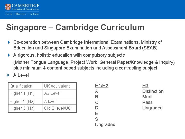 Singapore – Cambridge Curriculum 4 Co-operation between Cambridge International Examinations, Ministry of Education and
