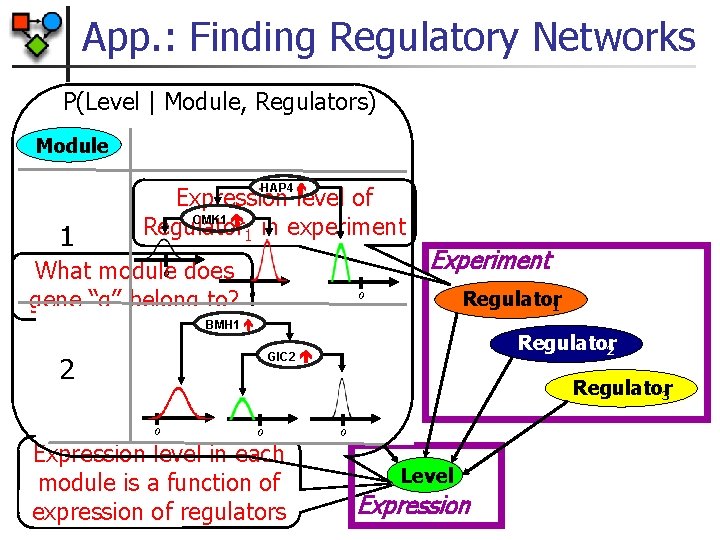 App. : Finding Regulatory Networks P(Level | Module, Regulators) Module HAP 4 1 Expression