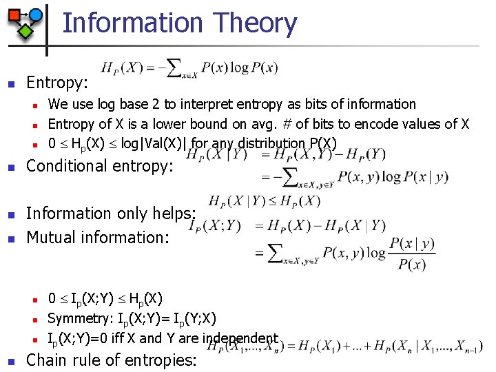 Information Theory n Entropy: n n n Conditional entropy: Information only helps: Mutual information: