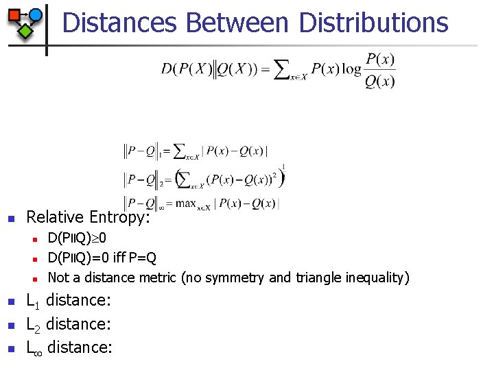 Distances Between Distributions n Relative Entropy: n n n D(P॥Q) 0 D(P॥Q)=0 iff P=Q