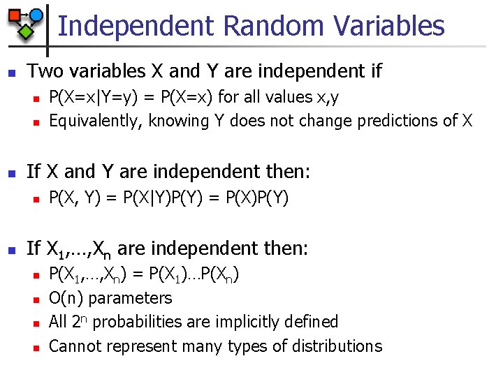 Independent Random Variables n Two variables X and Y are independent if n n