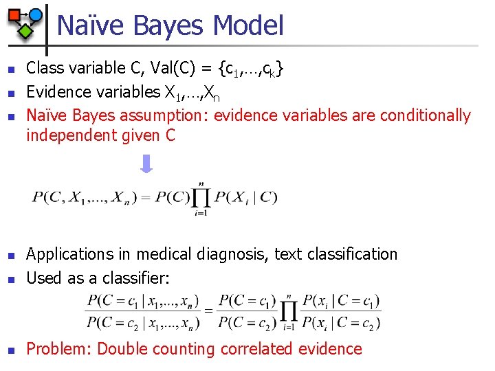 Naïve Bayes Model n n n Class variable C, Val(C) = {c 1, …,