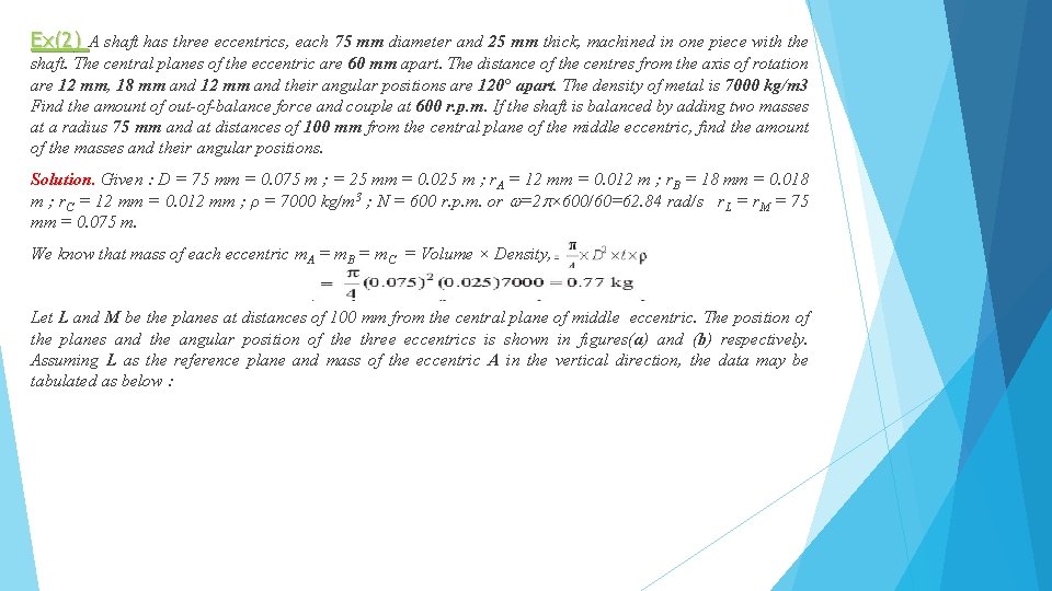 Ex(2) A shaft has three eccentrics, each 75 mm diameter and 25 mm thick,