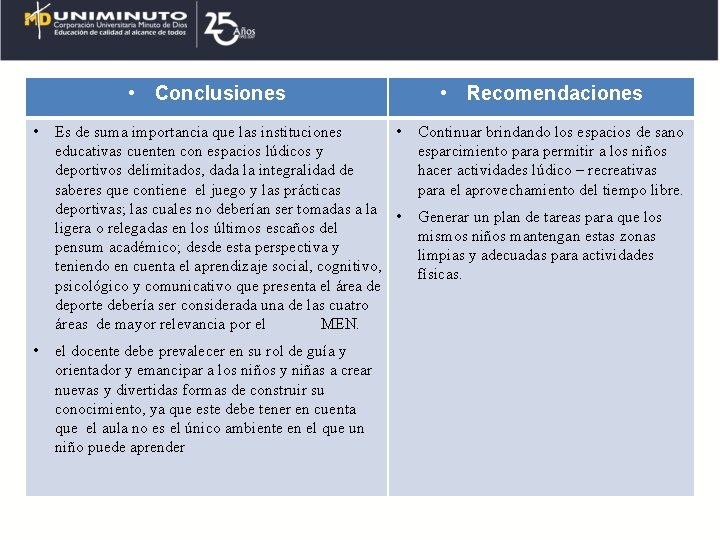  • Conclusiones • • Es de suma importancia que las instituciones • educativas