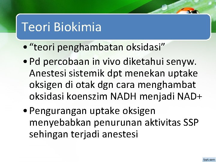 Teori Biokimia • “teori penghambatan oksidasi” • Pd percobaan in vivo diketahui senyw. Anestesi