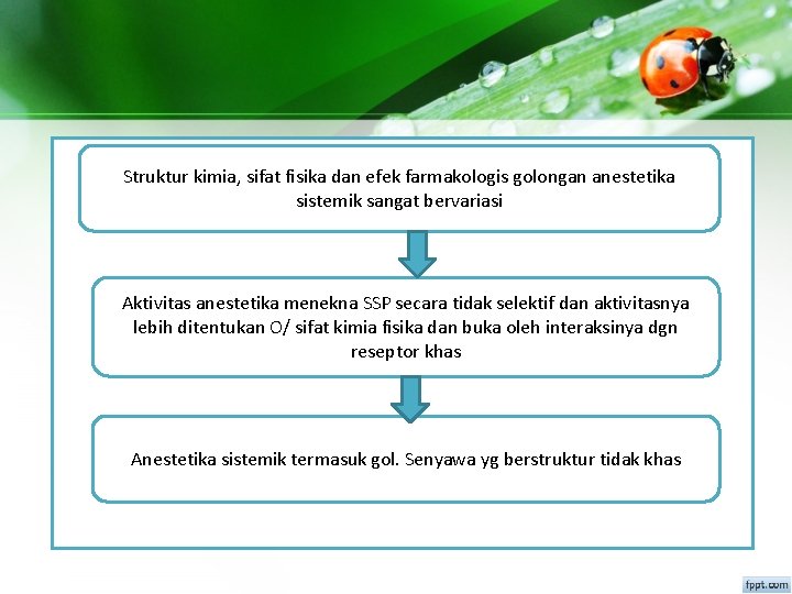 Struktur kimia, sifat fisika dan efek farmakologis golongan anestetika sistemik sangat bervariasi Aktivitas anestetika