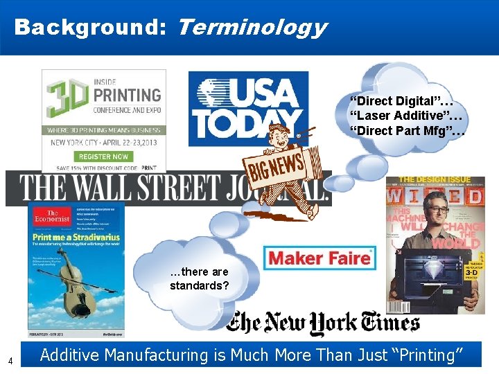Background: Terminology “Direct Digital”… “Laser Additive”… “Direct Part Mfg”… …there are standards? 4 Additive Background: Terminology “Direct Digital”… “Laser Additive”… “Direct Part Mfg”… …there are standards? 4 Additive