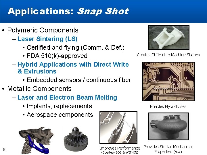 Applications: Snap Shot • Polymeric Components – Laser Sintering (LS) • Certified and flying