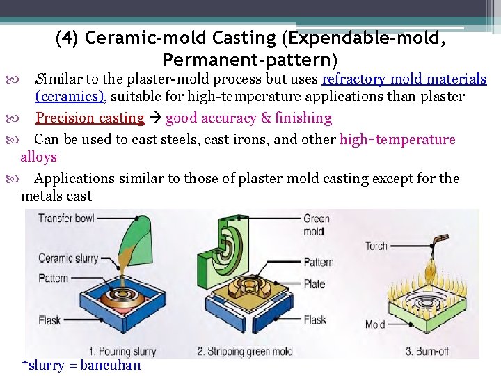  (4) Ceramic-mold Casting (Expendable-mold, Permanent-pattern) Similar to the plaster-mold process but uses refractory