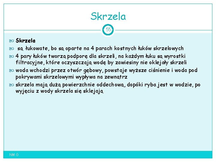 Skrzela 55 Skrzela są łukowate, bo są oparte na 4 parach kostnych łuków skrzelowych