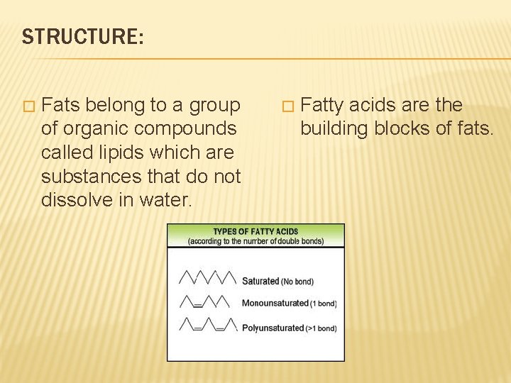STRUCTURE: � Fats belong to a group of organic compounds called lipids which are