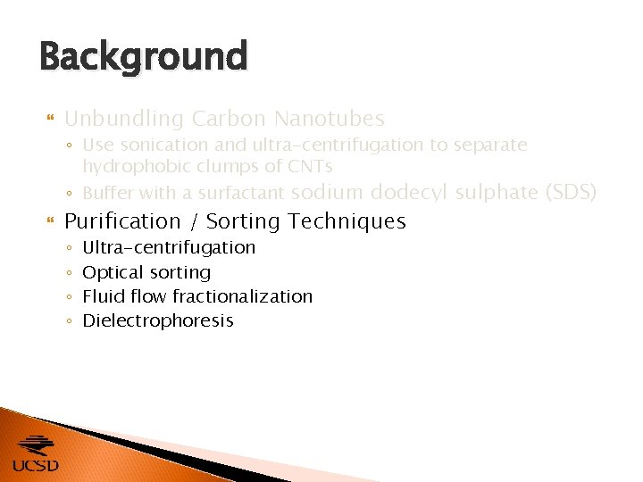 Background Unbundling Carbon Nanotubes ◦ Use sonication and ultra-centrifugation to separate hydrophobic clumps of