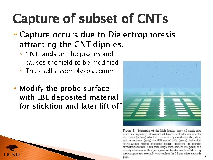Capture of subset of CNTs Capture occurs due to Dielectrophoresis attracting the CNT dipoles.