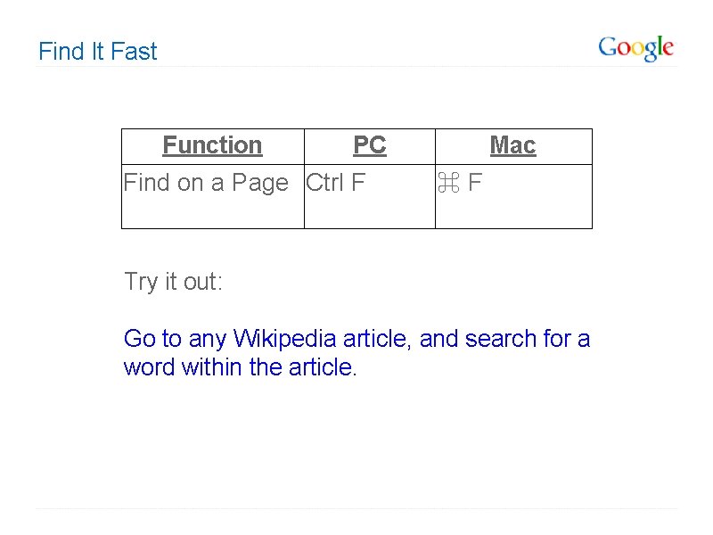 Find It Fast Function PC Find on a Page Ctrl F Mac ⌘ F