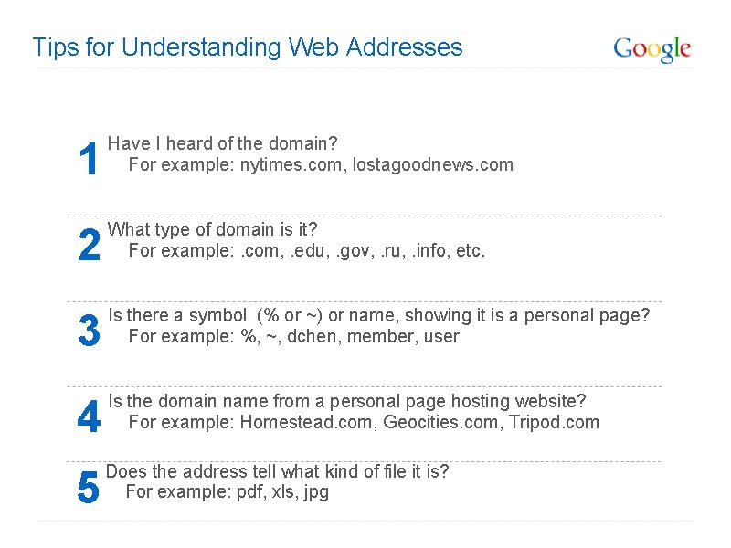 Tips for Understanding Web Addresses 1 Have I heard of the domain? For example: