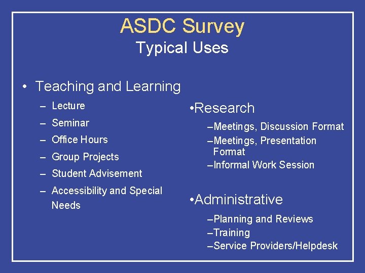 ASDC Survey Typical Uses • Teaching and Learning – Lecture – Seminar – Office