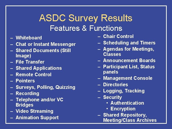 ASDC Survey Results Features & Functions – Whiteboard – Chat or Instant Messenger –