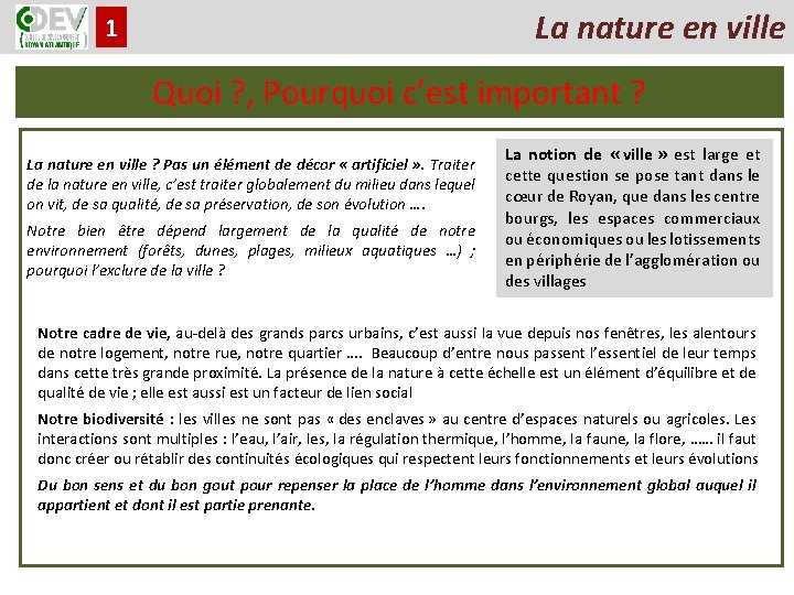 La nature en ville 1 Quoi ? , Pourquoi c’est important ? La nature