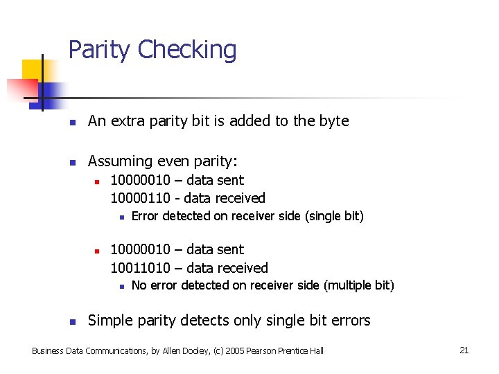 Parity Checking n An extra parity bit is added to the byte n Assuming