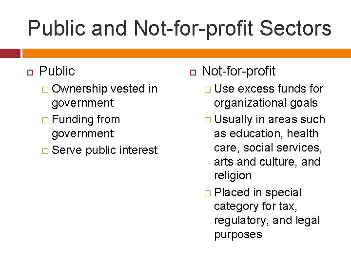 Public and Not-for-profit Sectors Public Not-for-profit � Ownership vested in � Use excess funds