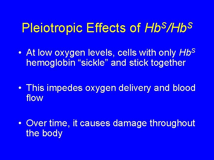 Pleiotropic Effects of Hb. S/Hb. S • At low oxygen levels, cells with only